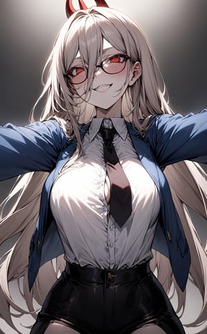 masterpiece, best quality,albino demon girl with enchantingly beautiful, alabaster skin,girl has Beautiful deep red eyes,black rim glasses, sharp teeth, grin face,red cross-shaped pupils, blue jacket, white shirt, black necktie, black pants ,powerdef