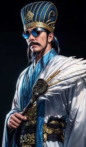 ((20year Man:1.5)), ((1man:1.4)), solid body shape, beautiful shining body,detailed face,moustache,
black hair,((chinese crown)),(full body),
(black eyes),high eyes,(neon sunglasses),
Hanfu,old chinese costumes,A fan made of feathers,
whole body,natural light,random Angle,((have a spear)),
((realism: 1.2 )), dynamic far view shot,cinematic lighting, perfect composition, by sumic.mic, ultra detailed, official art, masterpiece, (best quality:1.3), reflections, extremely detailed cg unity 8k wallpaper, detailed background, masterpiece, best quality , (masterpiece), (best quality:1.4), (ultra highres:1.2), (hyperrealistic:1.4), (photorealistic:1.2), best quality, high quality, highres, detail enhancement,((manga like visual)),
In disco,Night club, mirror ball,Party!,
,Zhuge Liang Kongming,ScienceDNAStyle,neon_grid_sunglasses
