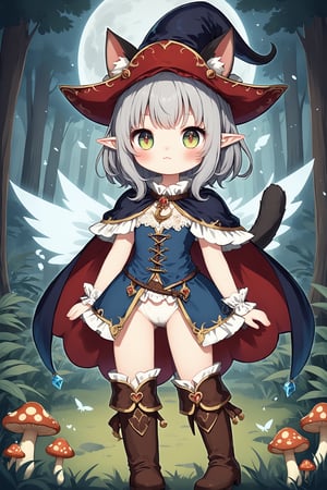 Cute fairy cat,Adorable Cait Sith fairy, dressed as Early Modern European musketeer, feline features with mystical aura, large expressive eyes, whiskers, pointed ears, wearing plumed cavalier hat, ornate doublet with lace collar, cape, breeches, and tall boots,magical sparks around paws, forest glade background with mushroom circles, misty atmosphere, moonlit scene, detailed fur textures, blend of photorealism and whimsical fantasy style,dal-6 style,nanachi,emo