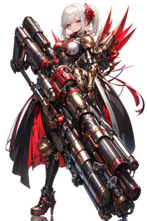 1girl,Anime-style illustration of a fierce young woman, wielding an enormous gatling gun, Character: dual-colored hair, (white and gold twintails), red flower accessories,Outfit: black and red dress with goth-inspired details, thigh-high boots. Expression: determined, slightly cocky smile,Pose: dynamic, holding massive weapon, body turned slightly,
Gatling gun: oversized, futuristic design. Black metal body with red accents and glowing parts. Multiple rotating barrels, complex mechanical details. Gun larger than the character herself,
Color scheme: primarily black and red with white accents,Style: highly detailed anime art, clean lines, emphasis on mechanical designs. Background: plain white, focus entirely on character and weapon.
Additional details: red ribbon-like elements flowing from dress and gun, intricate patterns on clothing and weapon, slight metallic sheen on gun parts. Overall impression: powerful, stylish fusion of traditional Asian aesthetics with futuristic weaponry.,Anime Style,fantasy girl,\mechako\, plasma gun,myth Dark Purple SR