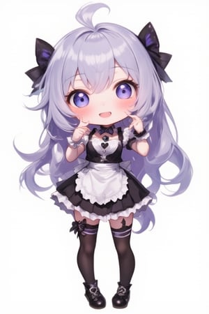 Chibi-style anime girl character. Large head, small body proportions. Long silver-purple hair with bangs, black ribbons. One eye open, one closed, exaggerated blush. Gothic Lolita maid outfit: black and white dress with frills, purple bow. Black choker with heart pendant. Thigh-high striped socks, chunky black shoes with heart buckles. Cute, playful expression with open mouth. Cartoon style with bold outlines, flat colors, and simple shading. White background. Kawaii aesthetic with gothic elements.,lyh,mia