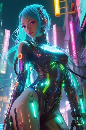 SCORE_9, SCORE_8_UP, SCORE_7_UP, SCORE_6_UP,
1girl,cyberpunk elf girl,Hatsune Miku,She has sleek metallic armor with neon-lit circuits and glowing interfaces, Her pointed ears feature high-tech devices, and her eyes emit a soft, luminescent glow, enhanced with augmented reality overlays. Vibrant, electric-colored hair flows down her back, intertwined with fiber-optic strands that pulse with data. She wears a fitted, futuristic bodysuit with intricate, glowing patterns, and her cybernetic limbs are equipped with advanced weaponry and tools. She moves through a neon-drenched urban landscape, blending organic grace and technological sophistication, embodying the essence of a cyberpunk elf.,xl_cpscavred,txznmec,racingmiku2022