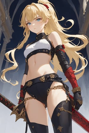 boyish girl,15yo,Beautifully detailed blue eyes,Almond Eyes,round eyebrows,
navel, underboob,chest binder,Thick ponytail hair,Blonde,wearing spats.,leg pouch,dagger,
A beautiful assassin with a dagger at the ready, listening attentively to her enemies.,elegg