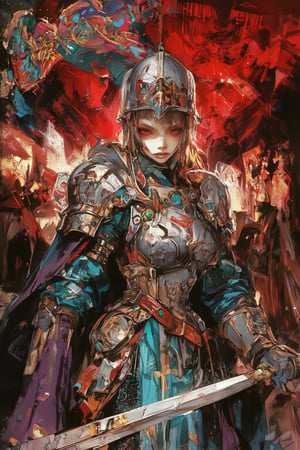 Dramatic anime-style watercolor painting of a female general in battle, Middle-aged woman, piercing, stern gaze, blonde warrior in turquoise scaled armor, silver ornate helmet with spiral patterns and blue jewels, determined expression, fiercely wide blue eyes, holding a banner embroidered with an abstract design of dragons, purple cloak billowing dramatically. Background: Fiery reds and crimsons suggesting fierce battle, creating an ominous atmosphere. Color palette: cool blues and teals for character, warm reds and golds for background. Lighting: dramatic, highlighting the contrast between character and chaotic surroundings. watercolor-style, medieval x, fantasy girl, lyh_niji