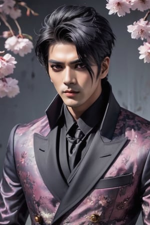 1man,visually striking male figure, luxurious double-breasted frock coat with a Japanese twist, 
Goth makeup,
Envision the coat crafted from sumptuous silk brocade, featuring intricate patterns inspired by traditional Japanese motifs such as cherry blossoms, dragons, or waves,

The man's hair is styled in a flamboyant manner, with streaks of vibrant color and elaborate hair accessories reminiscent of visual kei fashion. His makeup is dramatic, with smoky eyes and bold lip color, enhancing his enigmatic allure,Around his neck, envision a statement necklace crafted from lacquered wood or adorned with ornate kabuki masks, further accentuating the fusion of Japanese and visual-kei ,Stylish,abmhandsomeguy