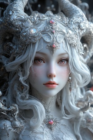 (long intricate horns:1.2) ,albino demon girl with enchantingly beautiful, alabaster skin, A benevolent smile,girl has Beautiful red eyes,soft expression,Depth and Dimension in the Pupils, white eyelashes, Her porcelain-like white skin reflects an almost celestial glow, highlighting her ethereal nature,Every detail of her divine lace costume is meticulously crafted, adorned with jewels that sparkle with a divine radiance, Capture the subtle intricacies of the lacework, emphasizing the delicate patterns that complement her unearthly features. From the curve of her horns to the flowing elegance of her dress, every aspect contributes to an aura of supernatural allure. The jewels, carefully placed, create a mesmerizing dance of light that enhances her divine presence, Consider the composition to portray her in a setting that complements her celestial beauty, whether it's a moonlit garden or a mystical realm, Illuminate the scene with soft, enchanting light to accentuate the magical and mysterious atmosphere,The overall goal is to evoke a sense of wonder and captivation, celebrating the unique and transcendent beauty of this albino demon gir,watercolor \(medium\),PorcelainDollPrincess,Paulina2,fantasy girl