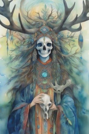A shaman girl with a large moose skull on her face, The strange decoration of dead branches, the mysterious and brightly colored Celtic shaman costume, and the girl is surrounded by a mysterious aura.,extremely detailed,watercolor \(medium\), skull_graphics