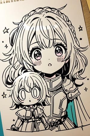 drawing on colored paper Doodles art,(line art), shoujo manga style,knight girls with big eyes, starry eyes, shaggy hair,cute knight