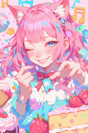 Vibrant colorful anime-style illustration,  cheerful cat girl, long pink hair and cat ears,She's winking playfully, 
round eyebrows,
Wearing a light blue and white outfit with red bow tie,strawberry cake, ice cream cones, and musical notes. Background filled with pastel pink and purple colors. Kawaii style, highly detailed, digital art,Playful and energetic atmosphere. Chibi style elements. Sharp, crisp lines. Bright, saturated colors. 2D art style.,dal style,animaport,lyh