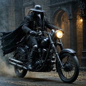 (motion blur effect),
Imagine a Gothic, classical motorcycle ridden by a plague doctor. The bike features an antique black finish with intricate silver detailing and wrought-iron filigree. The seat is rich black leather with tufted buttons, and the fuel tank has haunting gothic patterns. Lantern-style headlights emit a dim, eerie glow. The plague doctor, in his beaked mask and flowing cloak, creates a striking, otherworldly image, blending historical darkness with gothic elegance.,madgod,stop motion,horror,action shot