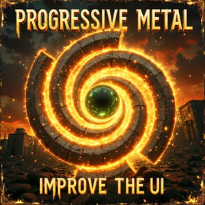 A futuristic, dystopian album cover dominated by a glowing, spiral-shaped mechanical eye or portal in the center. The spiral is composed of golden-yellow metallic segments, with a dark green core. Intense light rays emanate from the center, creating a sense of energy and movement.
The background is a mix of deep oranges, reds, and blacks, suggesting fire, destruction, or an apocalyptic landscape. Faint, illegible text is scattered around the edges of the image, adding to the mysterious and complex atmosphere.
At the top of the image, the band name "Progressive Metal" appears in large, bold letters with a metallic, embossed effect. The letters have a futuristic, slightly angular design.
At the bottom, the album title "Improve the UI" is written in smaller, simpler gold letters.
The overall color scheme is warm, dominated by yellows, oranges, and reds, creating a sense of heat and intensity. The image has a slightly pixelated or grainy quality, typical of late 90s or early 2000s digital art.
Hyper-detailed, 8K resolution, science fiction album art style, influenced by cyberpunk and apocalyptic themes.