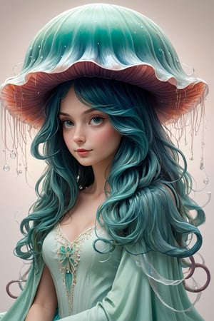Wonderland,1girl,(Jellyfish hat:1.2),
Witch wearing a hat inspired by an jellyfish, hat with delicate ribbons hanging down like tentacles, iridescent beads sparkling green, flowing dressing gowns, deep blue and turquoise reminiscent of the deep sea, necklace decorated with shells and pearls,
,a1sw-InkyCapWitch,Jellyfish 