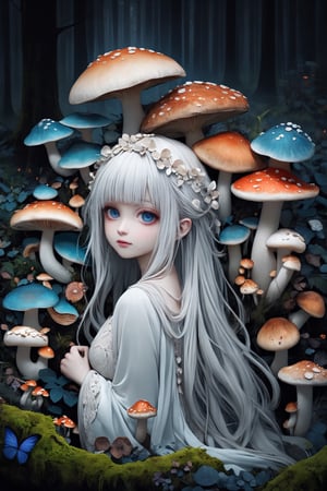 albino mushroom girl, mushroom Head,
stands amidst the tranquility,Adorned with soft, pale-colored petals resembling mushroom caps and delicate mycelium cascading from her hair, she exudes ethereal beauty.,Her eyes silver or pale blue, convey mystery and wonder as she moves gracefully through the enchanted landscape, Surrounded by vibrant colors and playful woodland creatures, she embodies the magic and wonder of nature's hidden treasures.",mushroomz,dal