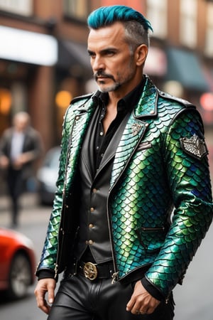 An older gentleman exudes a rebellious charm in his punk rock style, donning a dragon scale-patterned rider's jacket. The jacket, adorned with the mythical allure of dragon scales, brings an edgy and fantastical twist to his punk aesthetic.The rider's jacket, crafted with meticulous detail, showcases the iridescent sheen of dragon scales, creating a unique fusion of punk fashion and mythical elements. The scales, arranged in a pattern reminiscent of dragon hide, add a rugged yet enchanting quality to the jacket.,dragon armor
