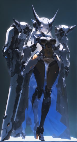 Valkyrie robot Girl, cute girl Face,(long intricate horns:1.2),Giant weapon arms, revealing the intricate machinery inside, giant robotic weapon, smooth and angular design despite transparent parts, pulsating energy and intricate circuitry visible through transparent body parts,very long high heels,Elegant curvaceous beauty,robot, mechanical arms,Glass Elements,Clear Glass Skin,hubg_mecha_girl,skinbodysuit,Blue Backlight,cyborg,bodysuit,breast bags,Energy light particle mecha,valkyrie