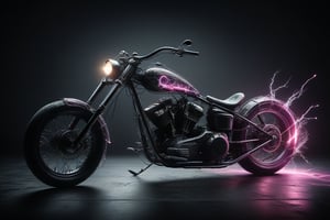 Chopper bike made from entangled lights, lightning, and light particles, 10,000 colors,ink,noir