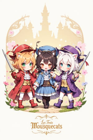 Cute anime-style illustration of three cat girl musketeers. Anthropomorphic feline characters with human bodies and cat ears, tails. Each girl wears a unique, colorful musketeer outfit: plumed hats, ruffled shirts, capes, and boots. First musketeer: orange tabby features, green eyes, red outfit. Second: black fur, yellow eyes, blue outfit. Third: white fur, blue eyes, purple outfit. All hold rapiers playfully. Whimsical expressions, mix of elegance and mischief. Background: stylized French château garden. Soft, pastel color palette. Chibi proportions: large heads, big eyes, small bodies. Fluffy tails peeking from beneath capes. Whiskers and pink noses visible. Sparkles and heart effects for added cuteness. Dynamic poses showing unity and friendship. Combination of 17th century and modern kawaii aesthetics. Detailed fabric textures on outfits. Logo 'Les Trois Mousquecats' in fancy script.