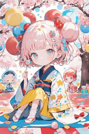 children's doodle style,
Colorful pop art, candy pop, lollipop punk, brightly colored berry beans, Konohanasakuya-hime seated gracefully beneath a blooming peach tree. She wears a traditional kimono with soft pink and white floral patterns, her hair adorned with fresh blossoms,dal-6 style,Color Splash,dramaticwatercolor,Deformed