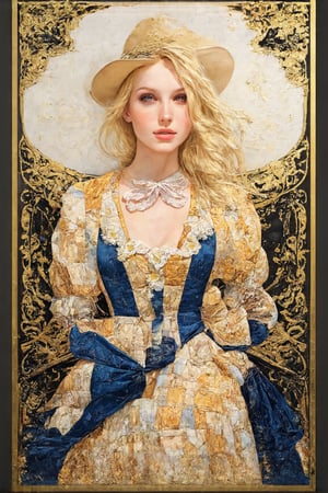 gold foil stamping art,art nouveau style,flat Illust,beautiful blonde lady, Official Art, Art Station, Beautiful and Aesthetic, One Girl, Highly Detailed, (patchwork style dress),
A Scandinavian woman of supernatural beauty,
Full body, looking at the viewer, (model pose: 1), cowboy shot,photo_b00ster