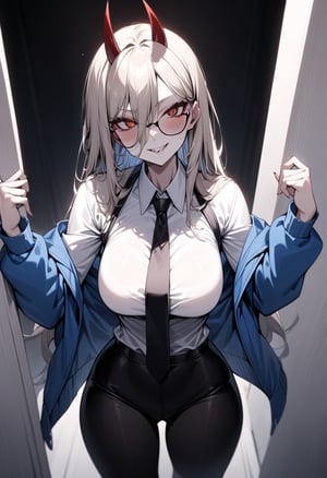 masterpiece, best quality,albino demon girl with enchantingly beautiful, alabaster skin,girl has Beautiful deep red eyes,black rim glasses, sharp teeth, grin face,red cross-shaped pupils, blue jacket, white shirt, black necktie, black pants ,powerdef