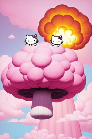 ((Hello Kitty)),pink nuclear bomb,kawaiitech,Explosion Artstyle,Giant mushroom cloud background