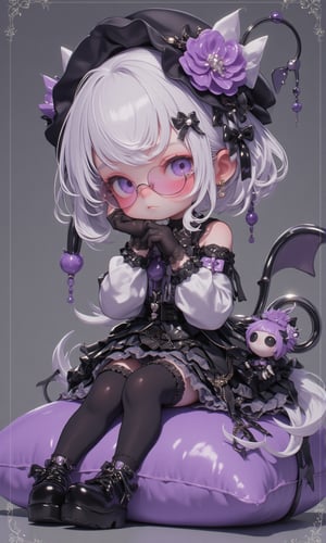 (Cute anime-style chibi figurine),3d figure,
Create a highly detailed figure, a cute girl sitting on a large cushion,Her outfit is Gothic Lolita style, featuring a black lace-trimmed dress with black ribbons and frills,wears pink-rimmed glasses,
She wears thigh-high stockings, black lace gloves, and platform shoes with ribbons,hair is styled in loose curls and adorned with a Gothic headdress, muted tones that complement the girl's elegant yet cute look,silver and purple accents to match her Gothic style,lyh,dal,create figure 2,