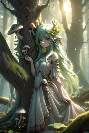 1girl,Enchanted forest scene with a Skogsrå (Scandinavian forest spirit). Beautiful woman with long green hair and tree-bark back. Magical surroundings: ancient trees, glowing mushrooms, misty air. Ethereal lighting, dappled sunlight. Dress of living plants. Hidden fantastical creatures. High fantasy style, photorealistic details, vibrant green and gold palette. Depth of field effect,bingnvwang