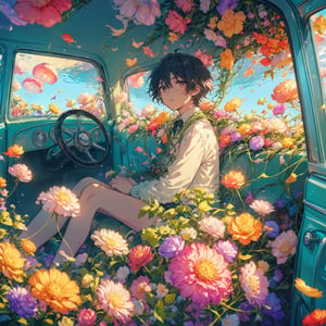 1boy, interior of an old car, many beautiful blooming flowers, the car covered with plant vines, the interior of the car, a boy sitting in the car, the car is sunk at the bottom of the sea, beautiful flowers and coral reefs, many jellyfish surround the boy, flower car, in car,anime,underwater,emo