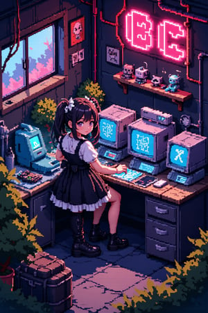 3D pixel art scene, isometric view. Anime-style characters and objects composed of colorful voxels. High contrast lighting with neon accents.

Focal point: Gothic Lolita girl working in a cyberpunk workshop.
- Girl: Black and white frilly dress, platform boots, twin-tails hairstyle
- Face: Large pixel eyes, rosy cheeks, small mouth
- Accessories: Pixel bow, chunky jewelry

Cyberpunk workshop details:
- Cluttered workbench with pixelated tools and gadgets
- Holographic screens displaying scrolling code
- 3D printer creating a glowing object
- Exposed neon tubes and cables on walls
- Floating robot assistant with pixelated emotes

Environmental elements:
- Steampunk-inspired gears and pipes in background
- Retro-futuristic computer terminals
- Voxel smoke or steam rising from machinery

Color palette: Deep purples, electric blues, neon pinks, and cyber greens against darker background

Lighting: Dramatic shadows and highlights emphasizing 3D nature of pixels
- Glow effects from screens and neon signs
- Reflection on metallic surfaces

Additional details:
- Pixelated posters of anime characters on walls
- Voxel cat familiar perched on a shelf
- Cubic plants in geometric planters

Animation suggestion (if applicable): Subtle pixel movements like blinking lights, rotating gears, or floating particles,Pixel Art