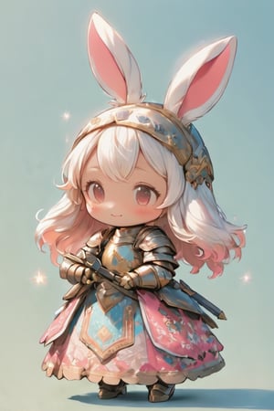 3D Figure,cute little brave  bunny,bunny ear,(rabbit nose:1.4),blush stickers,Smile with peace of mind,sparkling cute eyes,pink loli armored dress, weapon holding,Beautiful embroidered dress,kawaii knight,close up,3d figure,chibi