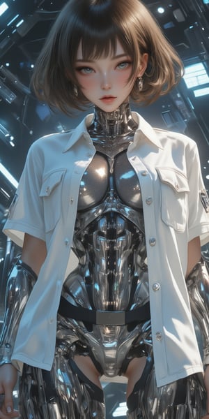 Cyberpunk female android wearing a white shirt,
((The shirt is wet and transparent)),see-through clothes,
A cybernetic body can be seen underneath, light reflecting off the mirrored mechanical body, short wavy brown hair, and piercing eyes. Mechanical neck and chest with intricate details. Futuristic background with holographic elements. Anime style, high-contrast lighting, detailed mechanical parts, elegant yet robot-like poses, and a sophisticated and mysterious atmosphere.,FuturEvoLabMecha,CKunderwear