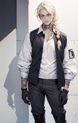 1boy,  blushing smile,
male focus, solo, pale tattooed attractive pretty man with soft beautiful long white blond hair, side braid, white blond hair in braid over chest, long hair, blond hair, blue eyes, pale skin, tattoos, tattooed, white ruffled poet shirt, black leather pants, open shirt, black riding boots, black gloves, white background, simple background, single braid, poet shirt, taut pants, frilled shirt, v-neck, pectoral_cleavage, full body, long sleeves, lace-up_top, cross-laced_top, frills, ,VikingAlpha