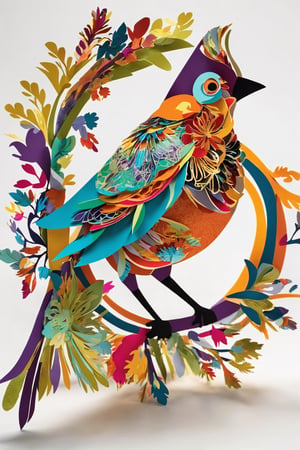 Beautiful, ultra-delicate cut-outs,
small bird paper cutout art,
 with the most intricate patterns in the world. Its feathers display a mesmerizing array of colors, forming elaborate designs that seem to shift and dance as it moves. Each feather is a masterpiece of nature's artistry, with patterns reminiscent of intricate mandalas and fractals. The bird's wings flutter gracefully, ,gbaywing