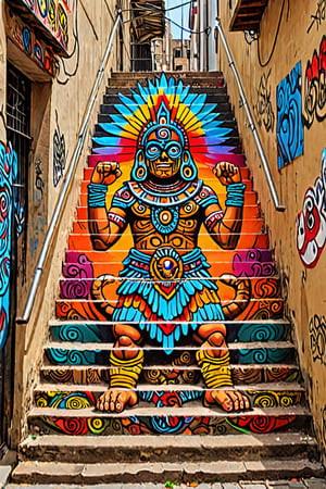 masterpiece, best quality, stair-art, stairs art, alleyway's exterior featuring a vivid representation of Tezcatlipoca,