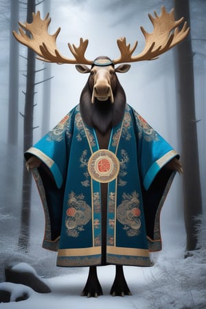 giant moose wearing a traditional Taoist ceremonial robe, The robe is intricately embroidered with ancient symbols and flowing patterns, fitting the majestic animal perfectly. Its large antlers are adorned with delicate, ornate decorations, adding to its regal appearance. The moose stands in a serene, misty forest, embodying a mystical fusion of nature and ancient spirituality.