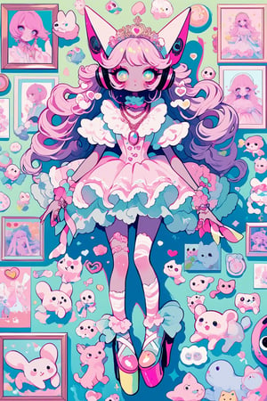 1girl ,vtuber anime character design,An over-the-top maximalist Vtuber character in hyper-decorative pink Lolita fashion. Her anime-style face features enormous, sparkling eyes in gradient pastel colors, framed by impossibly long eyelashes. Her multi-layered hair cascades in a riot of pastel pinks, purples, and blues, adorned with an excess of bows, flowers, and glittering accessories. She wears a frilly, cupcake-shaped dress in various shades of pink, covered in lace, ribbons, and ruffles. The dress is further embellished with candy motifs, stuffed animals, and miniature tea sets. Multiple petticoats peek out from beneath, each a different shade of pink. She sports striped stockings and platform shoes with heart-shaped buckles, Numerous bracelets, rings, and necklaces adorn her, along with a tiara and cat-ear headphones, background is a dizzying collage of pastel colors,anime style,anime girl,future0615