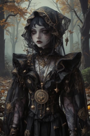 mystical portrait of a dark oracle priestess in an autumnal forest setting. She wears an elaborate black sheer veil and dress decorated with intricate gold embroidery patterns and celestial motifs. The fabric features delicate metallic thread work creating mysterious symbols and constellations. Her face shows dramatic gothic makeup with dark eyes and occult symbols painted around them. A large antique brass medallion pendant with mystical engravings hangs from her neck. The black gossamer fabric of her dress and veil flows ethereally, adorned with tiny crystals that catch the dim forest light. The background shows a misty autumn forest with golden leaves and dark tree trunks. She wears multiple layers of ornate jewelry with mystical symbolism, including moon phases and archaic runes. Face paint and temporary tattoos suggest ritual markings. The lighting is moody and atmospheric, with occasional gleams highlighting the golden embroidery against the black fabric. Fantasy photography style, perfect focus on intricate costume details, dark romantic atmosphere, mystical elements, professional lighting emphasizing the mysterious mood,Hyperrealism &Surrealism,Gothic