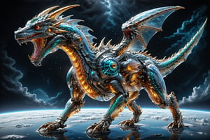 Extreme Detailed,ultra Realistic,
Cyber fantasy and psychedelic art style,
(Digital logic male dragon),Cyber logical space guardian dragon,(hyper Detailed transparent clear body),Transparent body filled with high-technology mechanical parts,
wings cutting through the digital sea of clouds,
Breath destroying data fleet,
Robot,more detail XL