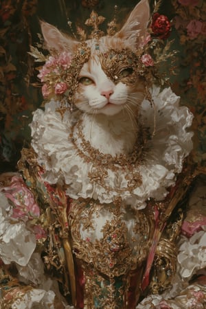 Hyper-realistic portrait of a regal cat in elaborate Gothic-Renaissance style attire, set against an ornate floral background,

Cat features:
- White fur with subtle tan markings on ears,
- Piercing green eyes, one partially covered by a mask,
- Pink nose and whiskers,

Headpiece:
- Intricate golden mask covering right eye, adorned with emerald and ruby gems,
- Ornate crown with pearls, golden leaves, and jewels,
- Large pink rose centerpiece,

Neck attire:
- Oversized white ruffled collar (Elizabethan style),
- Multiple strands of pearl necklaces,
- Golden pendant with floral design,

Clothing:
- Rich pink and green Renaissance-style gown,
- Lace and golden embroidery details,

Background:
- Lush, dark floral pattern with swirling designs,
- Predominantly green and pink hues, matching the cat's attire,
- Intricate, painterly style reminiscent of baroque textiles,

Overall mood: Opulent, whimsical, and slightly surreal, blending feline grace with historical fashion in a richly detailed composition.,lyh_niji,Surreal art