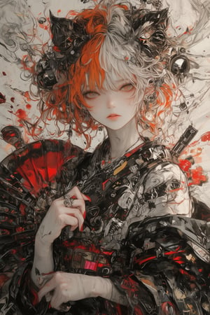 Anime-style illustration of a gothic punk girl in an ornate kimono. Close-up portrait with intense, golden cat-like eyes and a subtle smirk. Short, messy hair with split coloring: half vibrant orange-red, half white. Pale skin with small red markings under the eyes. Dark, elaborate kimono adorned with intricate patterns, red star motifs, and metallic gold accents. Multiple ornate pieces of jewelry, including earrings and hair accessories. Visible pale hands with long red nails, holding a decorative fan. Background features a mix of traditional Japanese and gothic elements, with swirling patterns and splashes of red. Overall dark and moody atmosphere with a touch of rebellion. High contrast lighting emphasizing the character's striking features. Highly detailed artwork with a mix of traditional and digital painting techniques,watercolor \(medium\),PorcelainDollPrincess,REALNIME