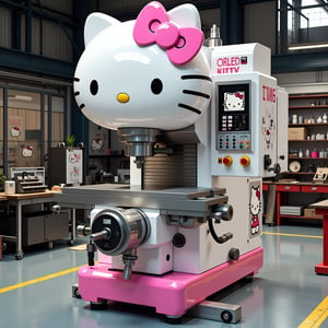 A unique industrial milling machine with a Hello Kitty theme, a standard milling table base in Kitty's distinctive white with pink accents. The main column is shaped like an oversized Hello Kitty doll, with the bow housing the motor. The control panel features Kitty's face, complete with eyes and nose buttons. The spindle head is integrated into Kitty's head, with collets sticking out as whiskers, X, Y and Z axis handles, and a digital readout screen framed by Kitty's iconic hair ribbon. A clear pink acrylic chip guard with a silhouette of Kitty. A coolant nozzle with an image of Kitty holding a watering can. The jaws of the vise are patterned with Kitty's face. The aircraft base features decorative decals of Kitty and her friends. Highly detailed 3D renderings, isometric views, and workshop environments. 4K resolution.