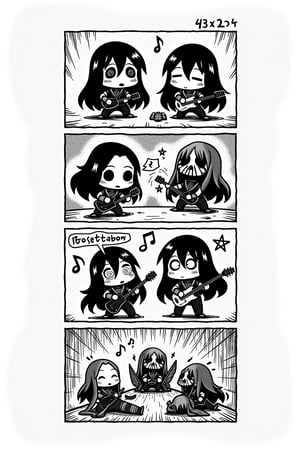 Cute 4-panel manga strip featuring chibi-style black metal band members. Characters have exaggerated large heads, small bodies, and adorable features, contrasting with their corpse paint makeup. Each panel clearly defined with bold borders.

Panel 1: Three chibi black metal musicians setting up their instruments, looking comically serious.
Panel 2: Close-up of the lead singer screaming into the microphone, his corpse paint slightly smudged.
Panel 3: The band performing, with exaggerated motion lines and tiny music notes flying around.
Panel 4: Punchline panel showing the exhausted band members collapsed on the stage, with spiral eyes and messed-up corpse paint.

Simple backgrounds with occasional pentagrams or inverted crosses. Speech bubbles with cute fonts contrasting the metal theme. Black and white art style with strong ink lines and some screentone for shading. Humorous expressions and reactions throughout.