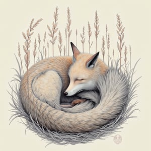 Central figure: Curled up fox or wolf-like creature, highly detailed fur texture. Body forms a near-circle shape.
From the creature's back, delicate plant stems with leaves grow upwards, contrasting with the animal's wild nature.
The creature appears thin, possibly deceased or sleeping, with a slightly elongated snout and visible ribs.
Surrounding the animal: Wispy grass or fur-like textures, creating a nest-like environment.
reminiscent of runic or Norse-inspired lettering.,surrealportraits, illustration,complex detail lineart