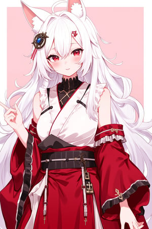 1girl,animal ears,red eyes,long pure White hair,red skirt,goth style luxury layered kimono,hair ornament,upper body,smile,goth girl,,lyh,