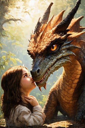 Ultra-realistic dragon, scales shining in the sunlight, gazing at the girl, the girl squints and rests her cheek against the dragon's face with a reassuring look, the dragon's eyes expressing understanding and protection.,nodf_sd3,perfect hand