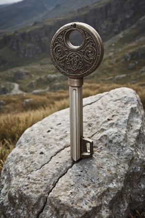 "Imagine a car key protruding from a rock, an unexpected and surreal sight amidst the rugged landscape. The key, firmly embedded in the stone, seems both out of place and strangely intriguing