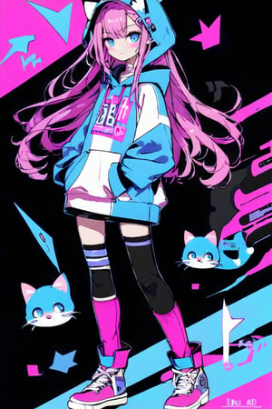 vtuber,1girl, cute anime characters,Beautiful blue eyes,asymmetric bangs,candy punk Fashion,Hooded hoodie shaped like a cute kitten,cat ear hood,Pastel colored clothes based on blue and pink,Pastel Emo Fashion, Anime Print Shirt,Gothic Style tights, long military boots, score_7_up,dal-6 style,pink-emo,emo, art nouveau,vspop,flat style,hand drawn