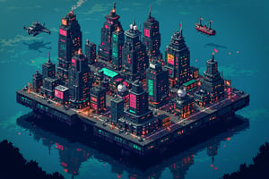 Pixel art cyberpunk city built on offshore oil rigs, isometric view,
Multiple connected oil platforms form city foundation. Neon-lit skyscrapers and apartment blocks rise from platforms. Holographic billboards float above buildings,
Lower levels: Industrial areas, pipelines, cargo containers. Mid levels: Residential zones, shops, entertainment districts. Upper levels: Corporate headquarters, luxury penthouses,
Flickering lights, steam vents, flying vehicles between structures. Crowded walkways connect platforms. Massive energy generators and satellite dishes visible,
Color palette: Deep sea blues and greens for ocean, contrasting with vibrant neons (pink, cyan, yellow) for city lights. Dark metallic greys for structures,
Highly detailed 16-bit style pixel art. Clean pixel edges, no anti-aliasing. Dithering for shading and water effects,
Atmospheric elements: Rainy weather, puddle reflections, fog around lower levels. Distant oil tankers and fishing boats on horizon,
Subtle animations: Blinking lights, waving flags, rotating radar dishes.r Movie,Pixel Art