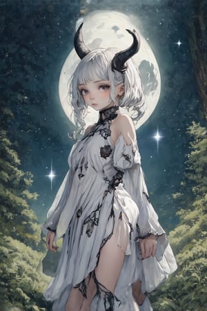 Fairy tale illustrations, otherworldly mythology, perfect sky, moon, shooting stars,
Pagan style graffiti art, general, forest background, one girl, albino demon girl, devil horns, detailed facial features, sideless dress,
, Facial Tribal Pattern, Masterpiece, Top Quality, Very Aesthetic, Super Detailed, Sideless Dress, Sidedress, Watercolor, 2bEimi