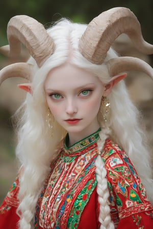 An albino devil girl (long intricate horns: 1.2) in traditional Italian and Sardinian costume, endlessly beautiful emerald eyes, her ethereal presence accentuated by the transparency of her pale skin, her striking emerald eyes radiating an otherworldly glow,
Break
Wrapped in the vibrant colors and intricate designs of her artistically embroidered blouse, colorful skirt, apron, and Sardinian folk costume in red and white tones, she exudes an enchanting allure that transcends the realms of fantasy and reality,photo_b00ster